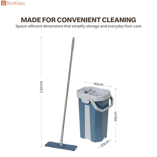 Image of BonKaso Telescopic Flat Mop & Bucket Set with Hands-Free Squeeze System, Microfiber Floor Cleaning Mop for Wet & Dry Cleaning | Includes 2 Reusable Pads for Home, Kitchen, Bathroom & Office | Blue