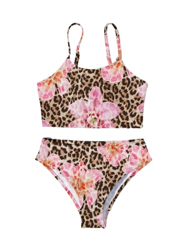 Girl's 2 Piece Floral Leopard Swimsuit Wireless Spaghetti Strap Cute Bikini Bathing Suit Beachwear
