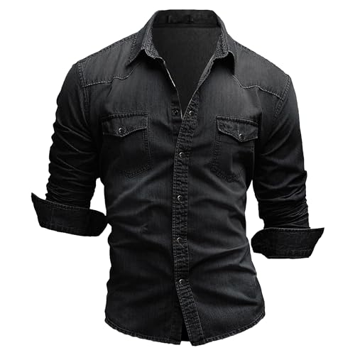 JEKE-DG Men's Western Distressed Denim Shirt Casual Slim Fit Button Down Long Sleeve Wash Work Denim Jean Shirt