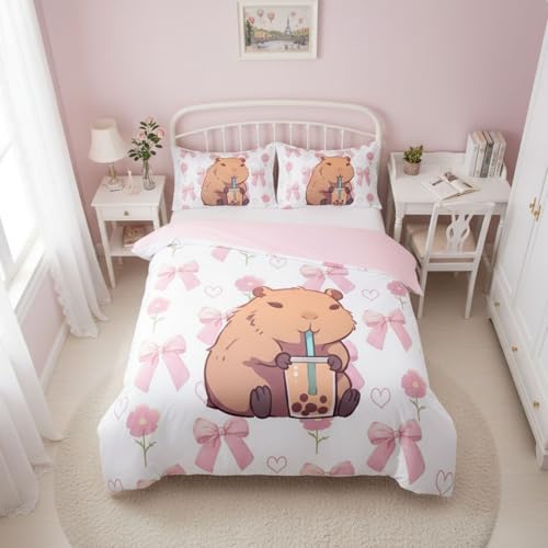 Homewish Housse de Couette 140x200 Enfant Capybara avec 1 Taie d'oreiller - Parure de Lit Ado Fille Noeud Papillon Rose - Sets de Housses de Couettes Motif...