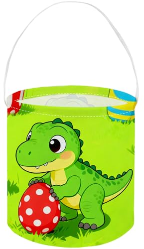 Image of Dinosaur Baskets, Kids Easter Dinosaurs Storage Bins.Easter Basket Empty with Handles.Dinosaurs Eggs Decor,Books, (Green Dinosaur)