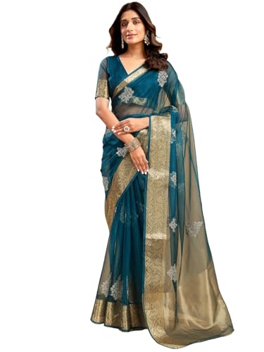 Image of Satrani Women's Organza Sequins Embroidery Jacquard Saree with Unstitched Blouse Piece