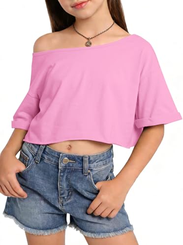 Image of Girls Off the Shoulder Tops Crop Short Sleeve Tees | Rolled Cuffs, Loose Fit, Crop Tops, Dance, Summer, Oversized, Trendy