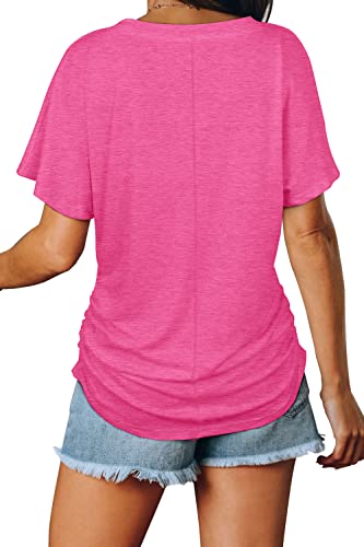 Image of WIHOLL Womens Summer T-Shirts Short Sleeve V Neck Dolman Tops with Side Shirring Loose Fit Shirts Spring Fashion