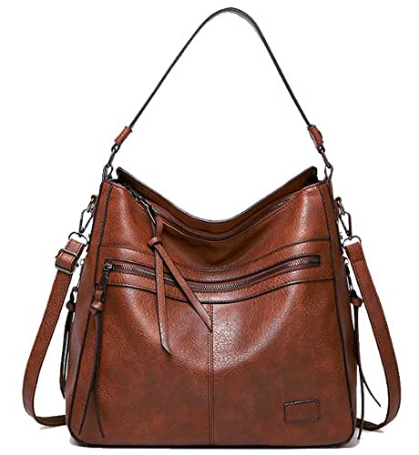 Double Zip Tote Bag Shoulder Crossbody Bag for Women Fashion Hobo Large Handbags Top Handle Bag Faux Leather Brown,Brown