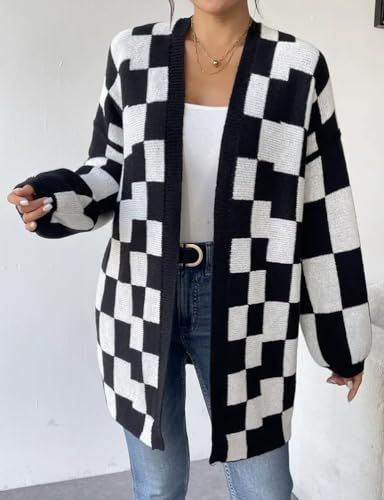 Mywinway Women's Checkered Long Cardigan Sweaters Fall Winter Open Front Long Sleeve V Neck Cute Knit Oversized Tops4