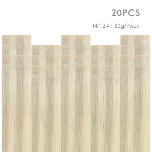 Image of WENNALIFE Invisi Edge Tape in Hair Extensions Human Hair,#17A /60A,22 Inch | 22 Inch 50g 20pcs Ash Blonde Highlighted Platinum Blonde Invisi Remy Hair tensions Seamless Injected Tape Ins Straight