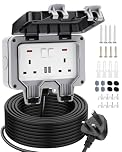 Outdoor Plug Sockets Waterproof 15M Outdoor Extension Lead with 2 USB Ports, IP66 Weatherproof Socket Switch Indicator Light Wall Electrical Outlet Box for Garden