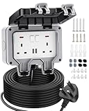 Outdoor Plug Sockets Waterproof 15M Outdoor Extension Lead with 2 USB Ports, IP66 Weatherproof Socket Switch Indicator Light Wall Electrical Outlet Box for Garden