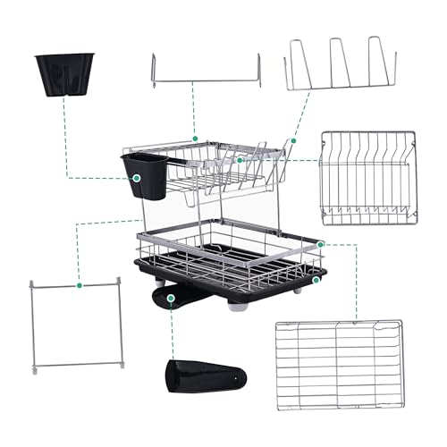 Image of Kuber Industries Stainless Steel 2-Tier Kitchen Dish Drainer Rack with Removable Drain Board | Dishwash Organizer | Utensils Drying Rack with Drainer Tray | Vessel /Bartan Stand for Sink | Black