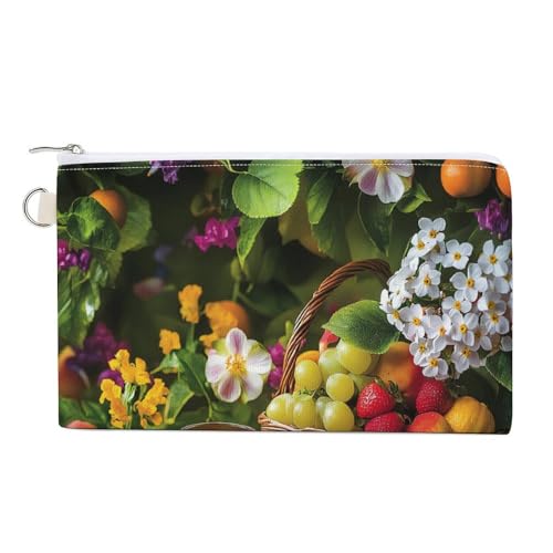 Flowers Fruits Coin Purse Canvas Change Pouch Portable Pocket Wallet Mini Storage Bag with Zippered Keychain