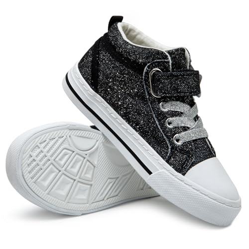 Hugrain HCANSTR24BLK13 Toddler Girls Boys Sneakers Walking Shoes For Little Kids Sparkle Glitter Star Canvas Casual Slip On High Top Adjustable Hook Loop Straps Velcro Non-Slip Lightweight Elastic Band Black Size 13 thumb #5