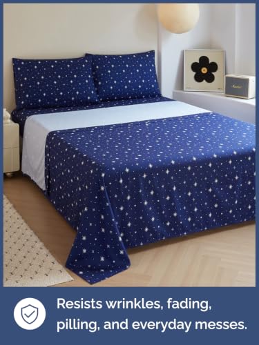 Image of Kids Full Size Starry Bed Sheets - 4 Piece Kids Starry Sheet Set - Celestial Night Bedding - Ultra-Soft, Cute & Cozy - Breathable & Machine Washable - Navy Bed Set for Boys, Girls, Teens & Toddlers