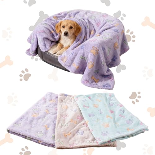 Image of Rezutan Dog Blankets Throw 3 Pack for Large Medium Pet Cat Soft Fuzzy Blankets Washable,Reversible Paw Print for Dog Kennels-Beds, Sofas, Furniture Protection,41 x 31 inch, Purple /Green /Brown