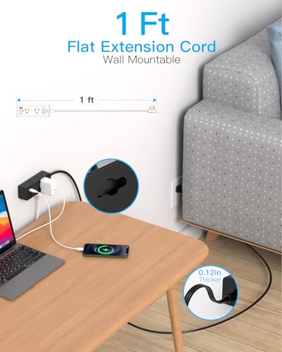 Image of 1Ft Extension Cord with Multiple Outlets, Flat Plug Power Strip Surge Protector with 1 Ft Cord, 6 Outlet 4 USB Ports (2 USB C), Multi Outlet Wall Plug for Travel, College, Dorm Room Essentials(Black)