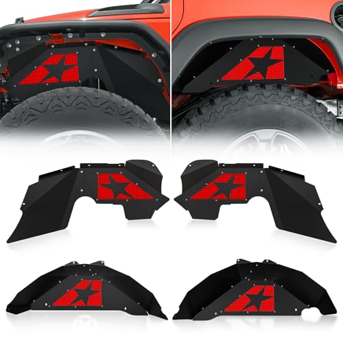Image of SUORTO Slanted Red Star Front & Rear Inner Fender Liners Compatible with 2007-2018 Jeep Wrangler JK & JKU Unlimited Sport Sahara Rubicon, Steel Mud Guards Wheel Well Cover Fenders Flares