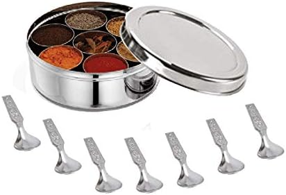 Satre Online and Marketing Stainless Steel Spice Box Without Lid,Stainless Steel Masala Box,Indian Spice Box with 7 Spice Containers and Spoons image 4