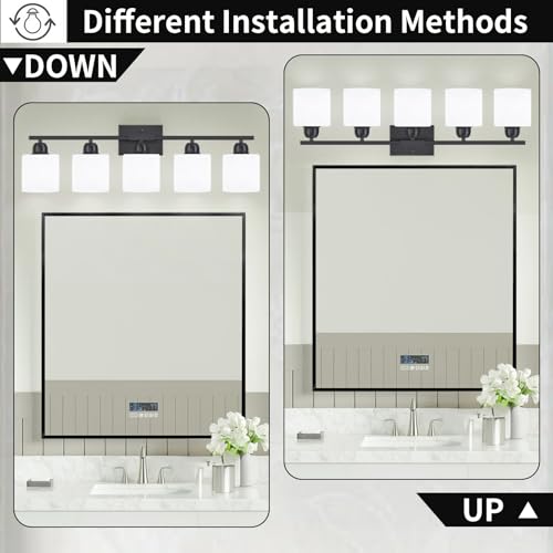 Image of 5-Light Black Bathroom Vanity Light, Black Vanity Light with Milky White Frosted Glass Shades, Modern Vanity Light Fixture for Bathroom Mirror, Bedroom, Living Room, Hallway, Vanity Table, E26 Base