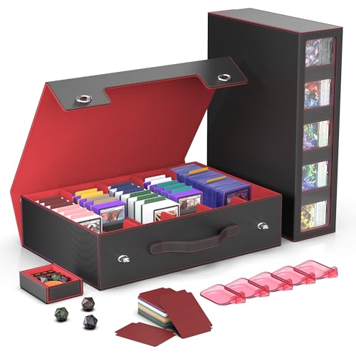 Image of Kabinka MTG Card Storage Box with Handle & Mechanical Latch,5-Row 3900+ Commander Trading Card Case with Sealed Display Window,Top Loaders Organizer Deck Box for MTG /TCG /PTCG /Sports Cards (Black Red)
