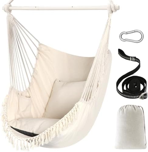 Chihee Hängesessel Hängeschaukel Maximal 500 Pfund Inklusive 2 Kissen Stahl Spreizstange mit Metall Tragbarer Hängesessel Seitentasche Großer Macrame Bohemian Stuhl Innen Außen