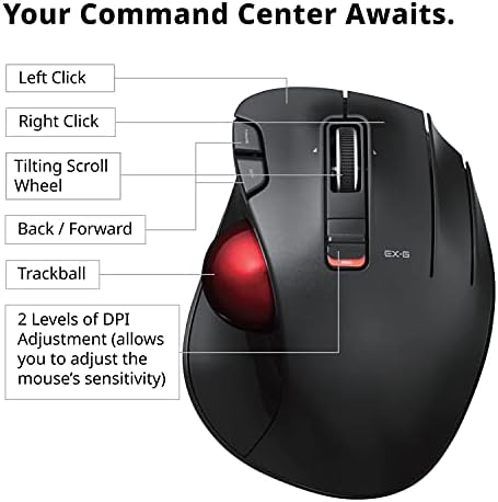 Elecom EX-G Trackball Mouse, 2.4GHz Wireless, Thumb Control, 6-Button Function with Smooth Tracking, Ergonomic Design, Optical Gaming Sensor, Smooth Red Ball, Windows11, macOS (M-XT3DRBK-G)