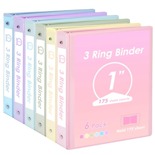 EOOUT 6 Pack 3 Ring Binders 1 inch Three Round Ring 1 Binders with 2 Pockets Interior 6 Assorted Pastel Color Fits 8.5 x 11 Letter Size Paper for School Office Supplies