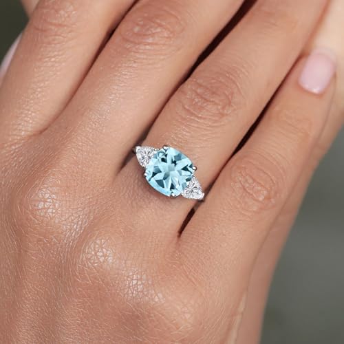 Gem Stone King 10K White Gold Sky Blue Topaz and Lab Grown Diamond Engagement Ring For Women | 4.99 Cttw | Cushion 10MM | Gemstone November Birthstone | Available in Size 5,6,7,8,94