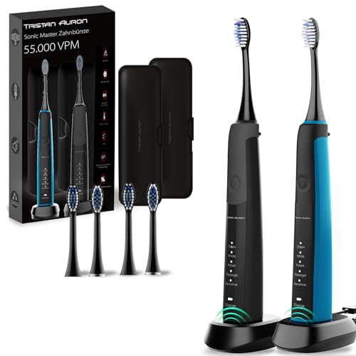 Tristan Auron Schallzahnbürsten Doppelpack –Elektrische Reisezahnbürste 2025-100 Tage risikofrei testen -55.000 VPM – 5 Modi – 60 Tage Akku – 2x Zahnbürsten mit je 2 Aufsteckbürsten (Schwarz & Blau)