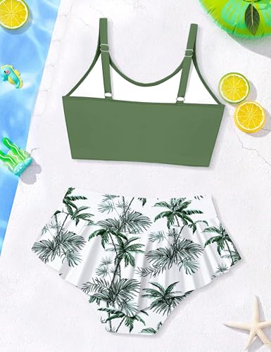 Image of Qaoerde Girls Swimsuit Tropical Print Bikini Set with Ruffle Hem Two Piece Criss Cross Bathing Suits for Girls 7-16 Years