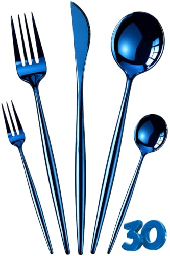 Image of Slim Handle Blue 30 Pcs Stainless Steel Cutlery Set for Dining Table, Dishwasher Safe Glossy Flatware (6 Spoon Set+6 Forks Set+6 Butter Knife+6 Dessert Spoon+ 6 Fruit Fork)