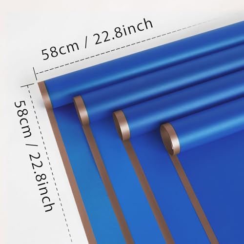 Image of Zarwani - 30 Sheets Korean Style Waterproof Royal Blue Bouquet Wrapping Paper (58cm x 58cm, 60 Microns) | Border Design, Giftwrap for Flowers & Christmas Gift Wrapping Paper (30, Gold Border R Blue)