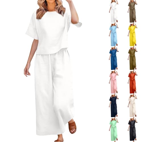 2 Piece Cotton Linen Sets for Women Summer 2026 Casual Machting Two Peice Travel Vacation Outfits Loose Short Sleeve Gauze Boho Tops Wide Leg Pants Modest Seniors Lightweight Plus Size Clothes White