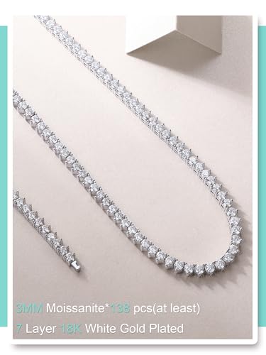 Moissanite Tennis Necklace for Women & Men - 3mm Round Sterling Silver Tennis Necklace - 18K White Rose Gold Plated Tennis Cuban Link Chain - Mens Womens Diamond Necklace Hip Hop Jewelry Gift3