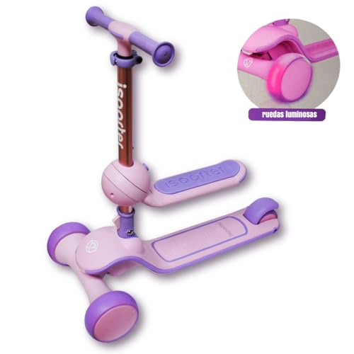 Patinete con 3 Ruedas LED Isporter M2 para niños a Partir de 3 años Scooter Infantil Manillar de Altura Ajustable con Freno fácilmente Plegable Puede Utilizarse con o sin Asiento (Rosa)