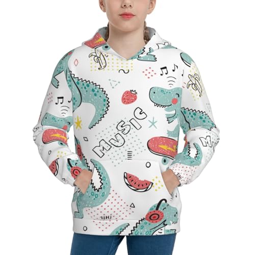Music Lover Dinosaur Kids Pullover Hoodies Boys Sweatshirts Girls Athletic Clothes with Pocket