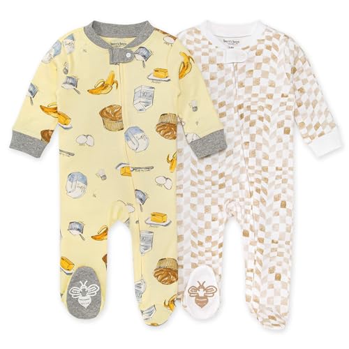 Image of Burt's Bees Baby Baby Boy's 2-Pack Sleep and Play PJs, 100% Organic Cotton One-Piece Zip Front Romper Jumpsuit Pajamas, Banana Muffin, 6-9 Months