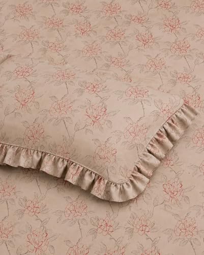 Image of 350 TC Premium Heavy Cotton Feel Elastic Fitted Bedsheet King Size with 2 Frill Pillow Covers King Size || Double Bed with All Around Elastic (Petal Pulse, Queen)
