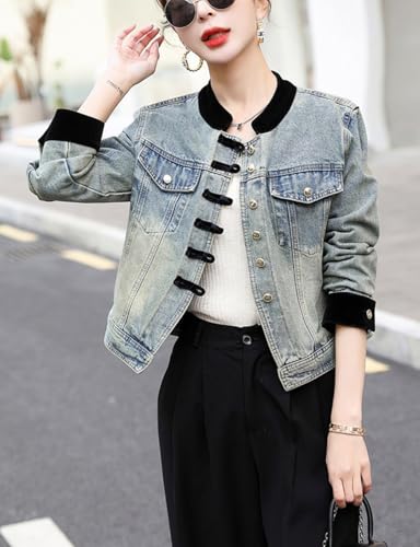 Kwoki Womens Cropped Denim Jacket Casual Long Sleeve Baseball Collar Bomber Jackets Patchwork Short Jean Coat2
