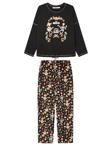 Pyjama femme Halloween en coton souple avec haut manches longues et pantalon droit confortable