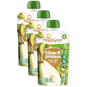 Happy Tot Organics Stage 4 Baby Food Pouches, Gluten Free, Vegan Snack, Fiber & Protein Fruit & Veggie Puree, Pears, Kiwi & Kale, 4 Ounce (Pack of 3)