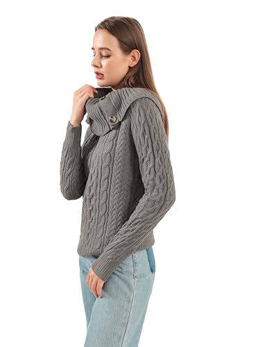 Women's Fall Winter Ribbing Long Sleeve Knit Sweater Turtleneck Buttons Loose Pullover Sweater2