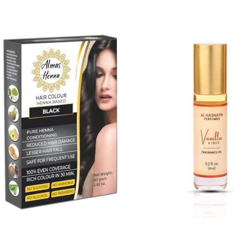 Almas henna 80 gram hair color black with Vanilla vibes roll on perfume