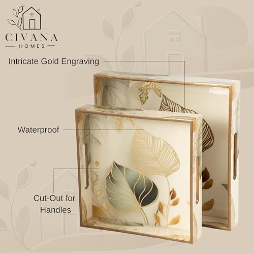 Image of CivanaHomes Wooden Serving Tray with Gold Engraving | Set of 2 | Size : 12 x 12 inch & 10 x 10 inch | Enamel Coated Waterproof | Square Trays | Decorative Trays (White Leaf)