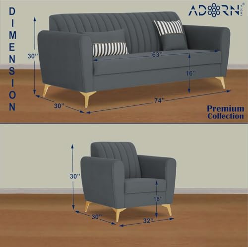 Image of Adorn India Premium Luster 3-1-1 Sofa Set | Velvet Suede Fabric | 3-Year Warranty | Color Dark Grey with Golden Legs & Striped Pattern Cushion