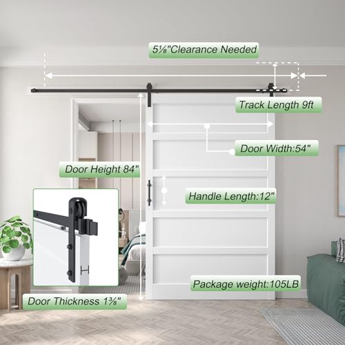 Image of Fredbeck 54x84 inch White Barn Door with 9FT Sliding Door Hardware Kit Included & Handle,MDF,Solid PVC Surface,DIY Assembly,5-Panel