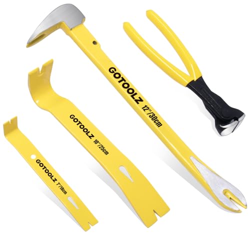 4-Piece Pry Bar Set, 12-Inch Utility Claw Pry Bar, 10-Inch & 7.5-Inch Flat Pry Bars Crowbar Claw, 8-Inch End Cutting Pliers, Nail Remover Tool for Baseboard, Floor, Nails Removal (Yellow 2026)