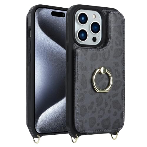 Lipvina for iPhone 15 Pro Case with Card Holder and Strap for Women,Crossbody Lanyard,RFID Blocking,Ring Stand,Snap Clasp,Cute Lightweight Leather Wallet Phone Case 6.1"(Black Leopard) by Lipvina - Used condition - Image 8