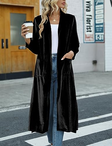 Women's Long Velvet Cardigan Jacket Casual Open Front Velour Lapel Cardigan Maxi Blazer Duster Outwear Sweater2