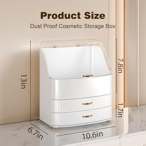 Image of Makeup Organizer Countertop Vanity with Transparent Lid Drawers Waterproof Dustproof Cosmetic Skincare Bathroom Storage Gift for Women Teens Girls (White)