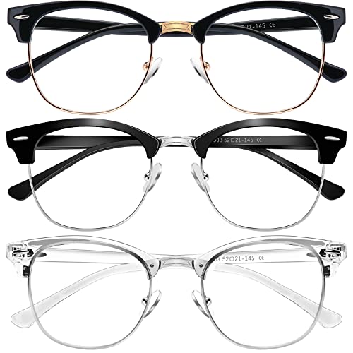 BOSSWIN Blue Light Glasses, 2 Pack, Fashion Round Half Frame, Computer/Game/Reading/TV Blue Light Blocking Glasses (W1-bright Black Gold + Sand Black Silver + Transparent Silver Edge)